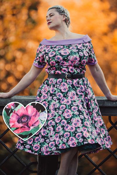 PRE ORDER Darlene 50's Style Swing Dress in Purple and Poppy