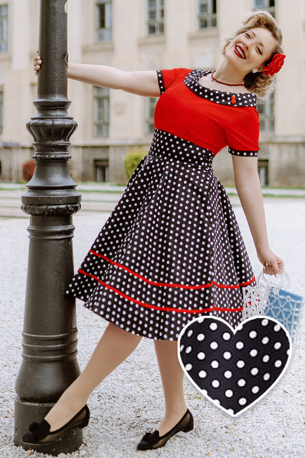 Darlene Retro Swing Dress - Black/Red & White Polka Dots