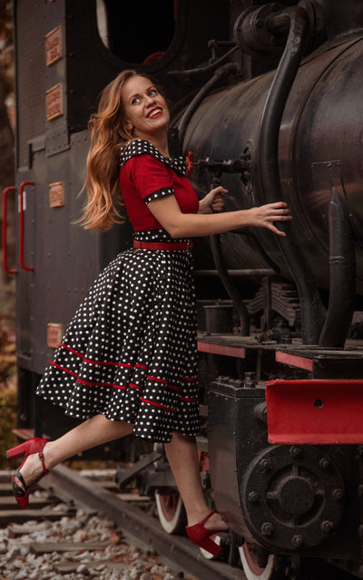 EU STOCK Darlene Retro Swing Dress - Black/Red & White Polka Dots