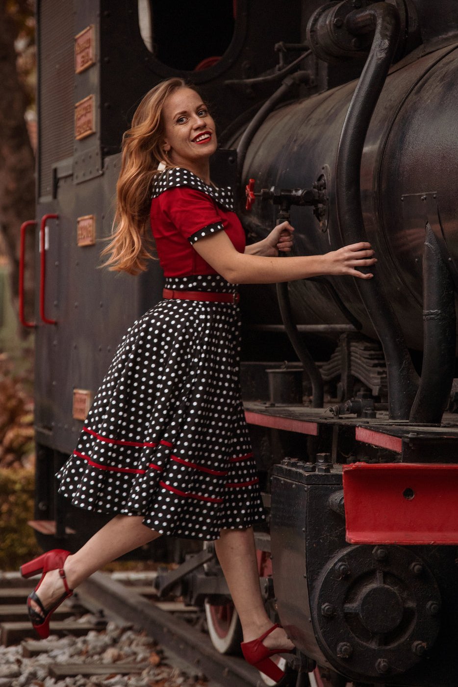 Darlene Retro Swing Dress - Black/Red & White Polka Dots