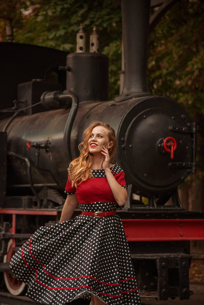 EU STOCK Darlene Retro Swing Dress - Black/Red & White Polka Dots