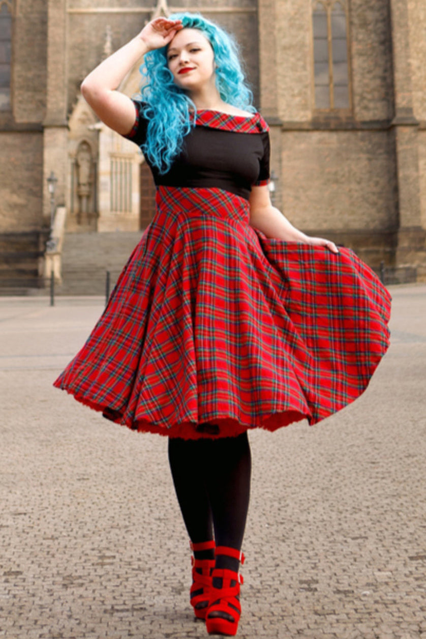 Darlene Retro Swing Dress In Red Tartan