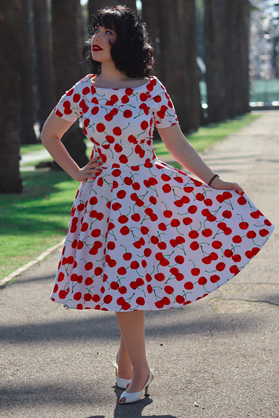 EU STOCK Darlene White Vintage-Inspired Cherry Print Dress