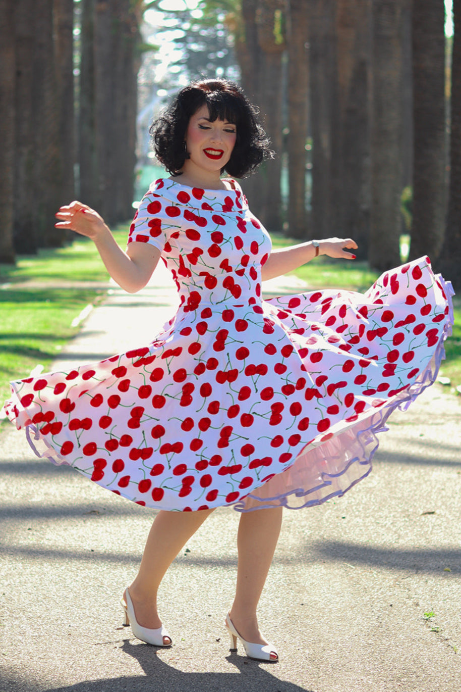 EU STOCK Darlene White Vintage-Inspired Cherry Print Dress