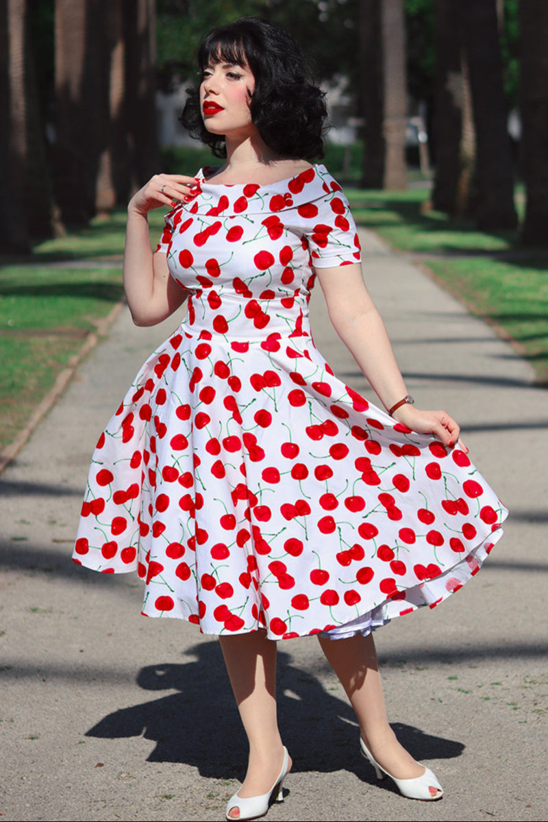 EU STOCK Darlene White Vintage-Inspired Cherry Print Dress