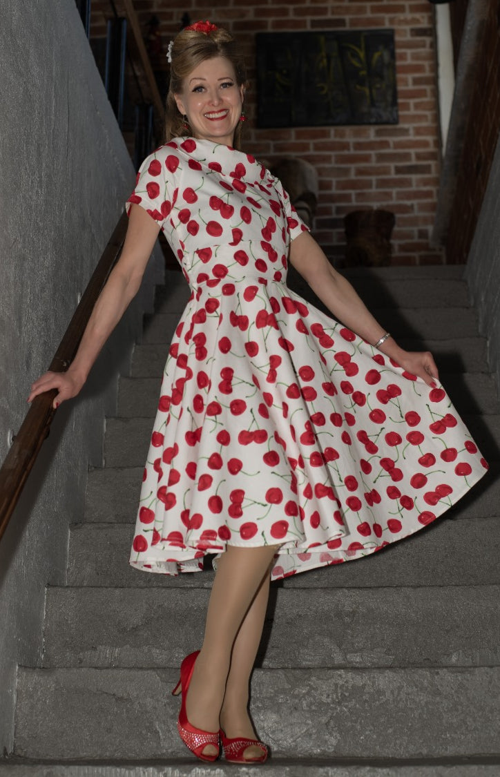 EU STOCK Darlene White Vintage-Inspired Cherry Print Dress