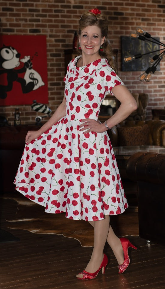 EU STOCK Darlene White Vintage-Inspired Cherry Print Dress