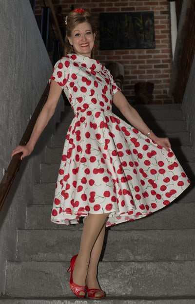 EU STOCK Darlene White Vintage-Inspired Cherry Print Dress
