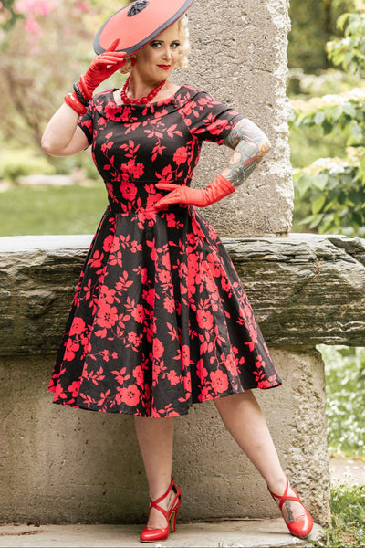 PRE ORDER Darlene 50?s Style Swing Dress in Black/Red Floral