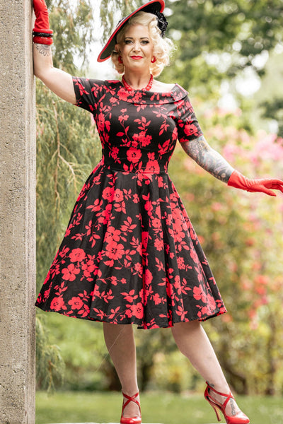 PRE ORDER Darlene 50?s Style Swing Dress in Black/Red Floral