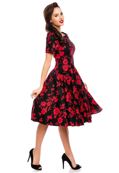 PRE ORDER Darlene 50?s Style Swing Dress in Black/Red Floral