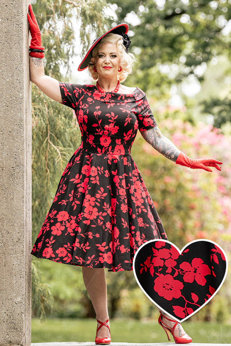 Darlene 50s Style Swing Dress in Black/Red Floral