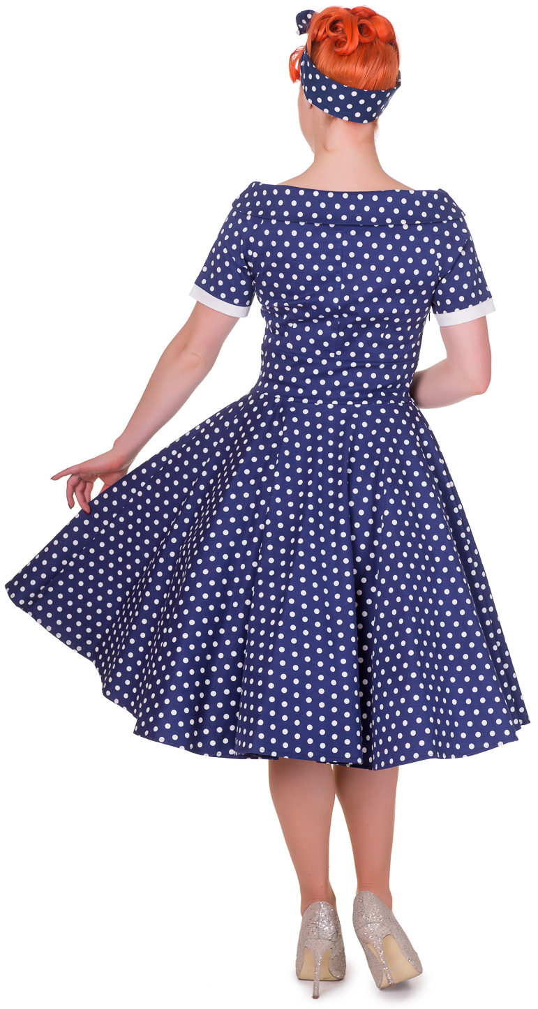 Retro Polka Dot Swing Dress in Dark Blue back view