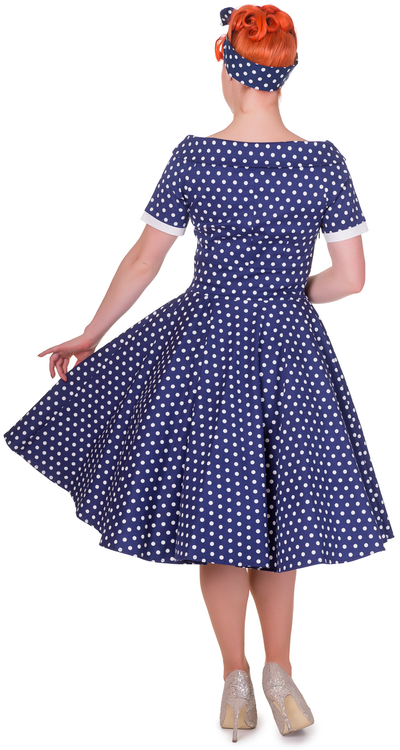 Retro Polka Dot Swing Dress in Dark Blue back view