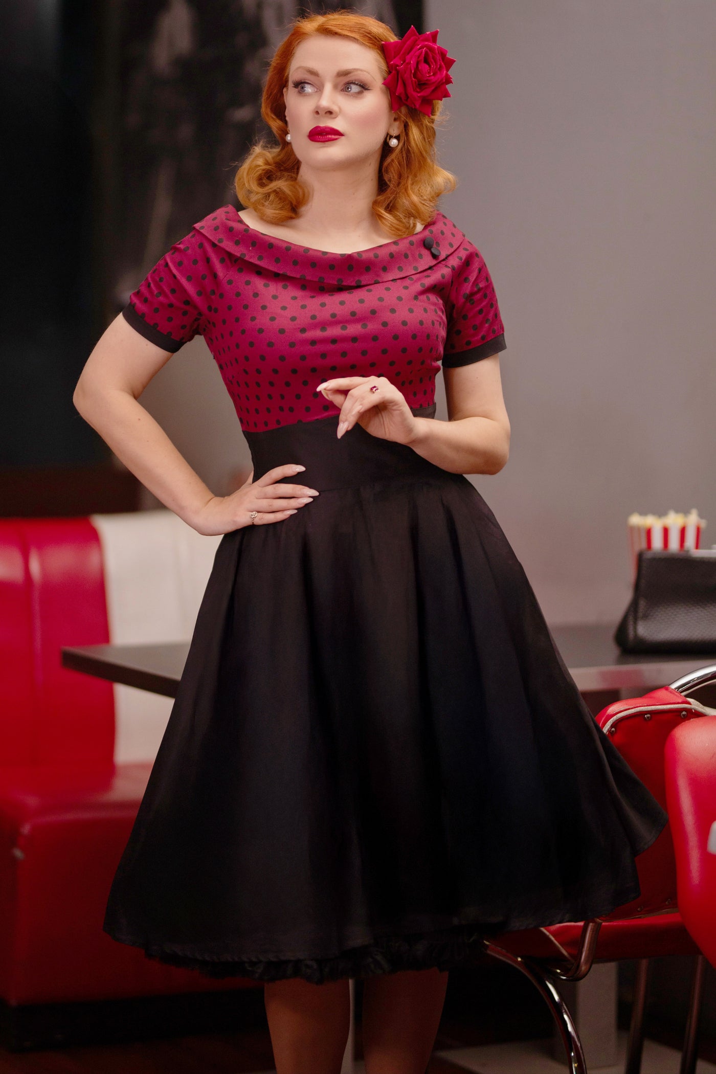 PRE ORDER Darlene Retro Swing Dress in Burgundy Polka Dot/Black