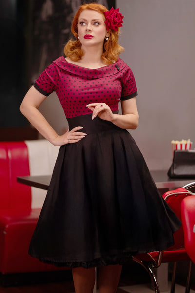 PRE ORDER Darlene Retro Swing Dress in Burgundy Polka Dot/Black