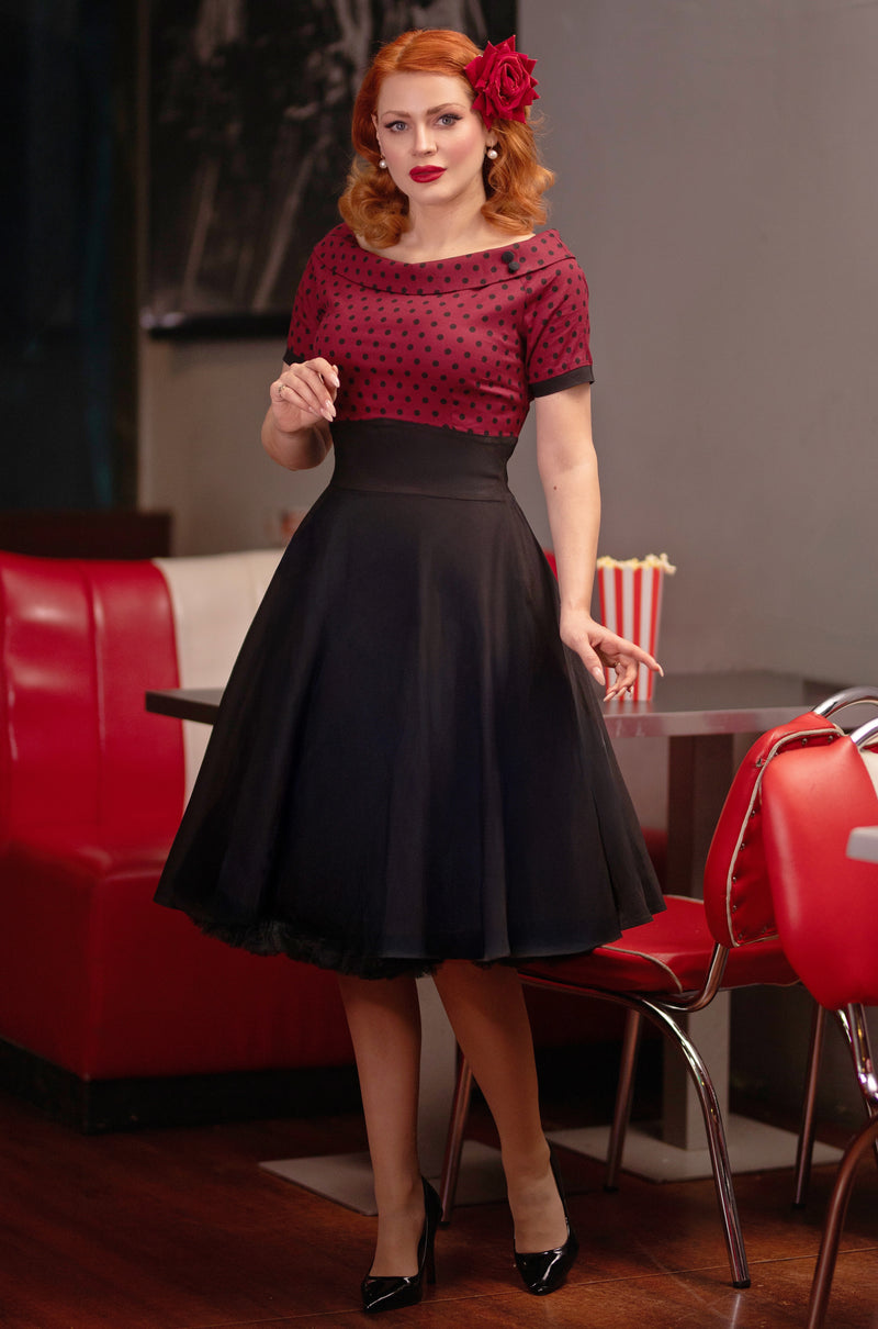 PRE ORDER Darlene Retro Swing Dress in Burgundy Polka Dot/Black