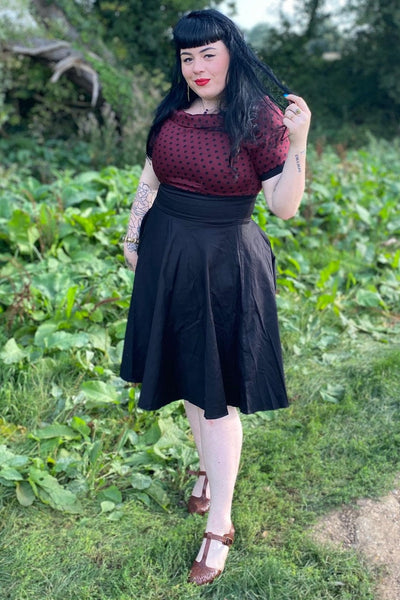 PRE ORDER Darlene Retro Swing Dress in Burgundy Polka Dot/Black