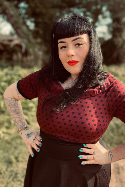 PRE ORDER Darlene Retro Swing Dress in Burgundy Polka Dot/Black
