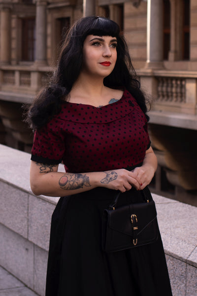 PRE ORDER Darlene Retro Swing Dress in Burgundy Polka Dot/Black