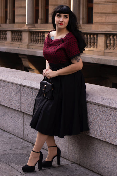 PRE ORDER Darlene Retro Swing Dress in Burgundy Polka Dot/Black
