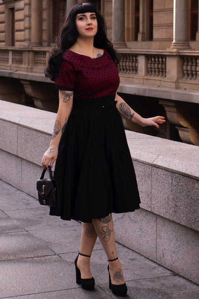PRE ORDER Darlene Retro Swing Dress in Burgundy Polka Dot/Black