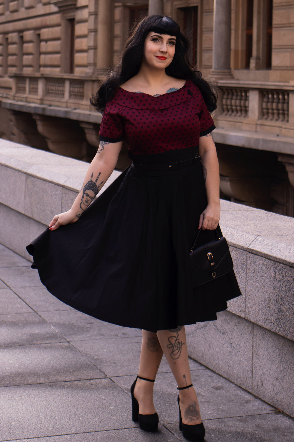 PRE ORDER Darlene Retro Swing Dress in Burgundy Polka Dot/Black