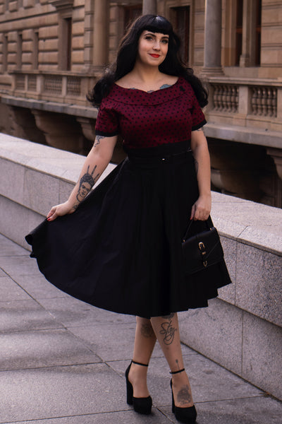 PRE ORDER Darlene Retro Swing Dress in Burgundy Polka Dot/Black