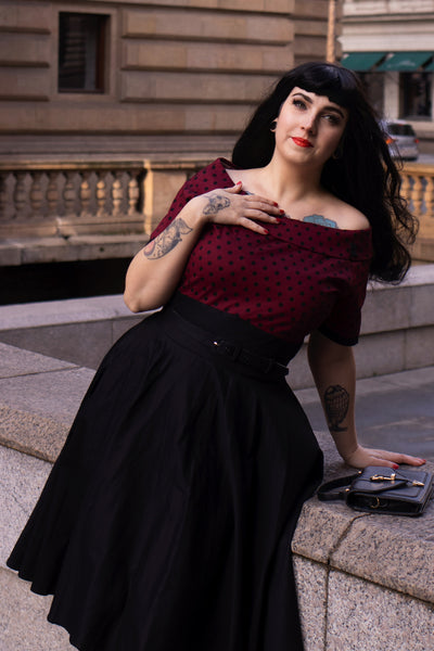 PRE ORDER Darlene Retro Swing Dress in Burgundy Polka Dot/Black