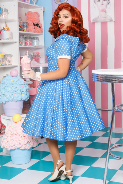 PRE ORDER Darlene Light Blue 50's White Polka Dot Print Swing Dress
