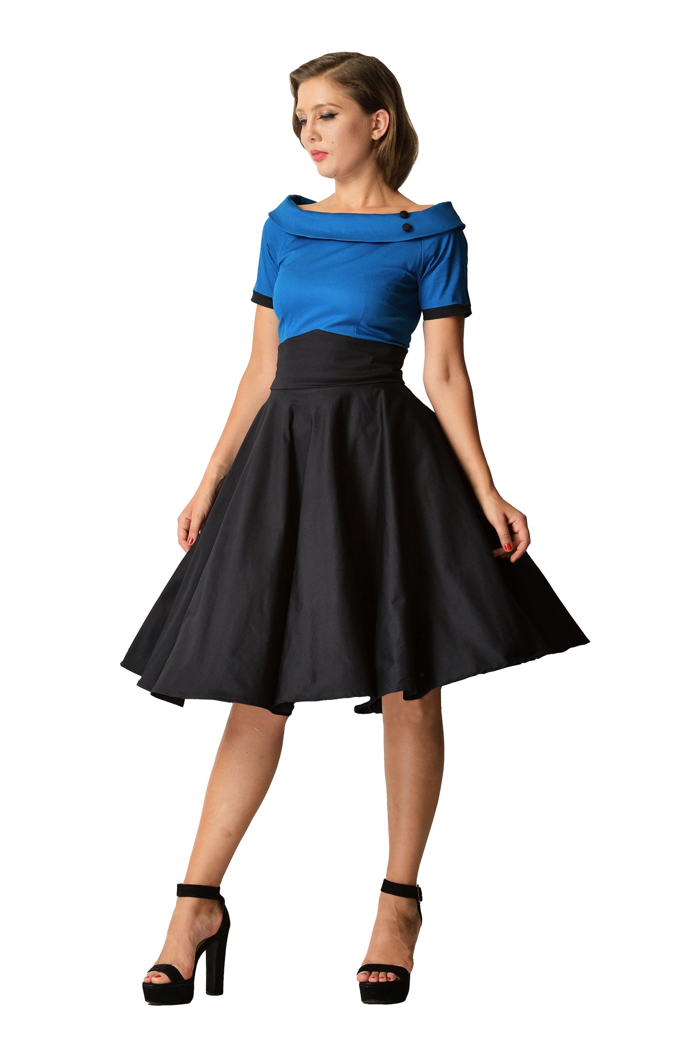 Darlene Retro Swing Dress in Peacock Blue-Black