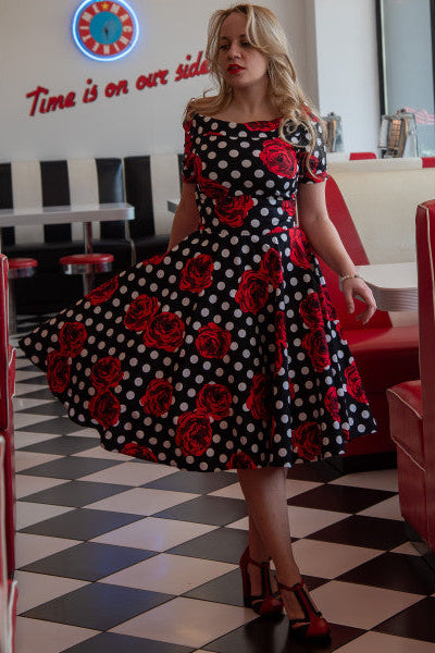 PRE ORDER Darlene 50?s Style Swing Dress in Rose Polka Dot