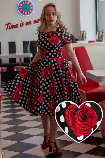 PRE ORDER Darlene 50?s Style Swing Dress in Rose Polka Dot
