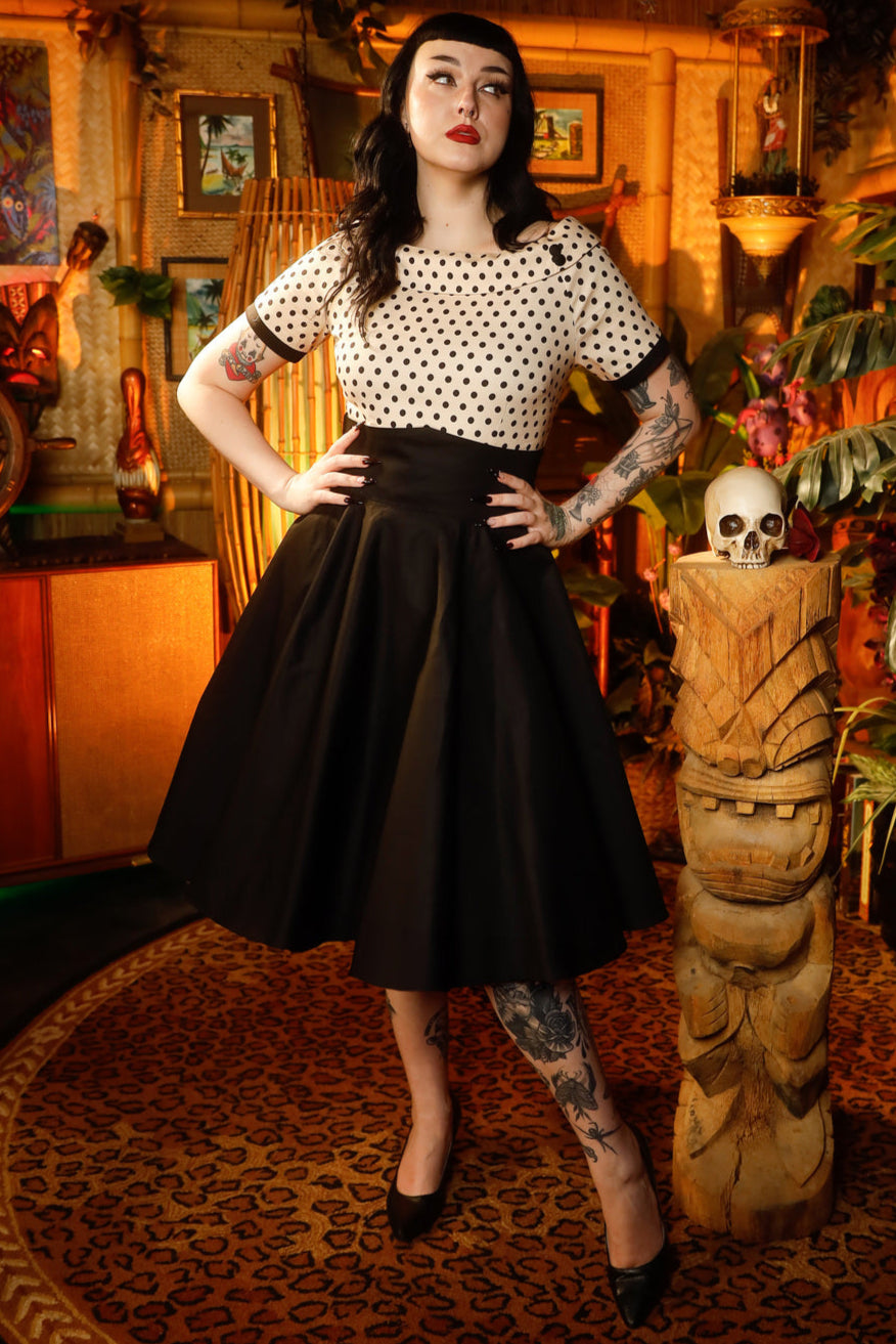 Darlene 50's Style Swing Dress in Sand Beige/Black Polka Dot