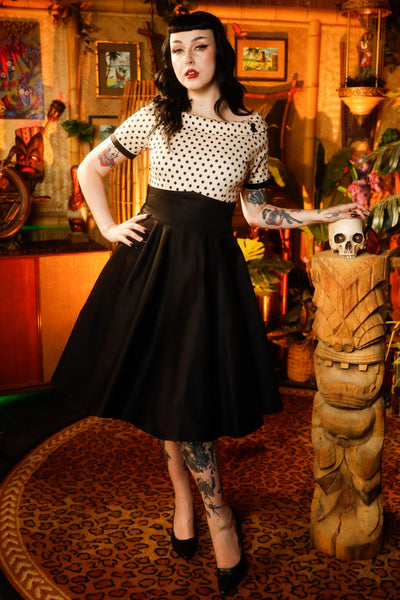 Darlene 50's Style Swing Dress in Sand Beige/Black Polka Dot