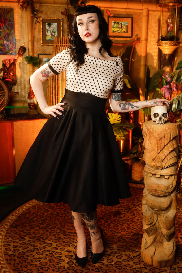 Darlene 50's Style Swing Dress in Sand Beige/Black Polka Dot
