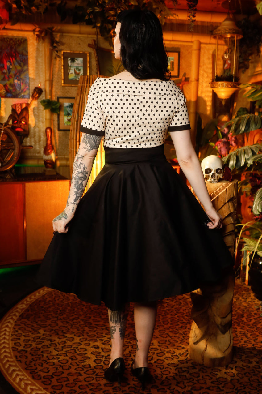 Darlene 50's Style Swing Dress in Sand Beige/Black Polka Dot