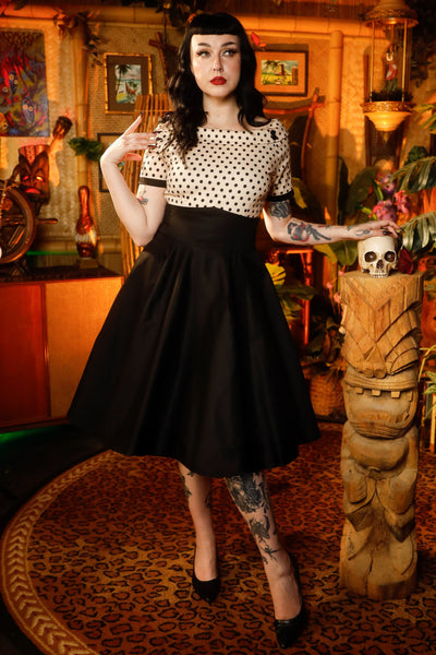 Darlene 50's Style Swing Dress in Sand Beige/Black Polka Dot