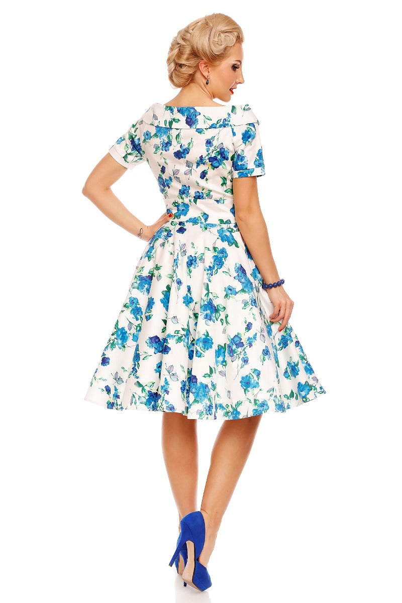 PRE ORDER Darlene Floral Roses Swing Dress in White-Blue