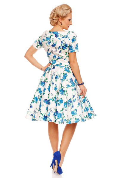 PRE ORDER Darlene Floral Roses Swing Dress in White-Blue