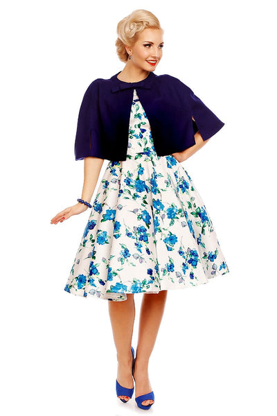 PRE ORDER Darlene Floral Roses Swing Dress in White-Blue