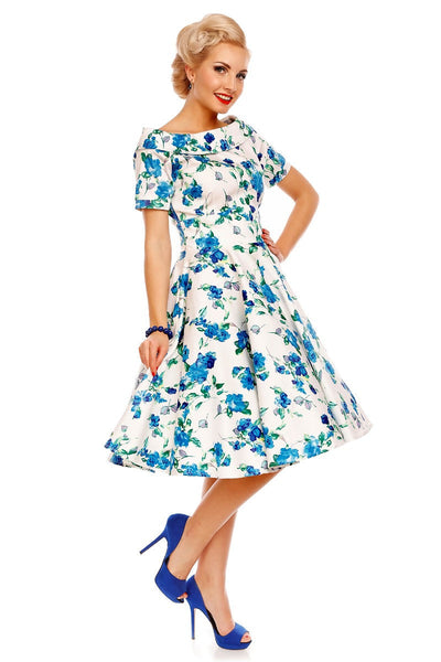 PRE ORDER Darlene Floral Roses Swing Dress in White-Blue