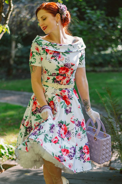 Darlene Retro White Floral  Swing Dress