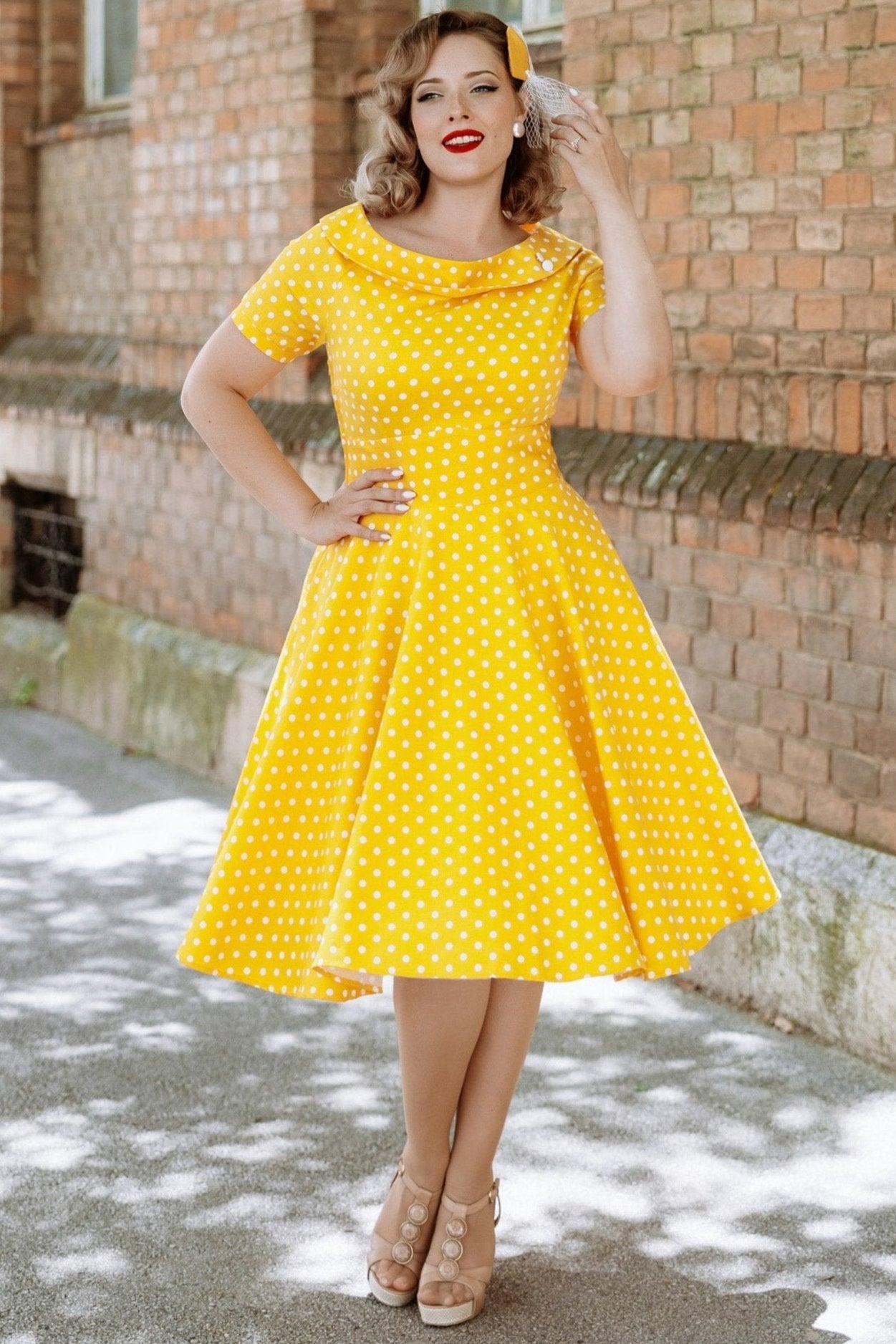 Darlene Retro Yellow Polka Dot Swing Dress