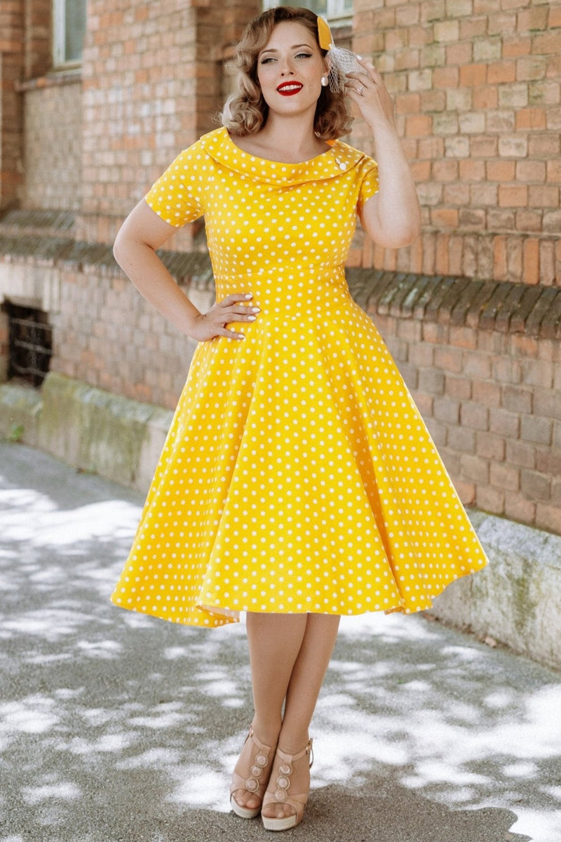 Darlene Retro Yellow Polka Dot Swing Dress