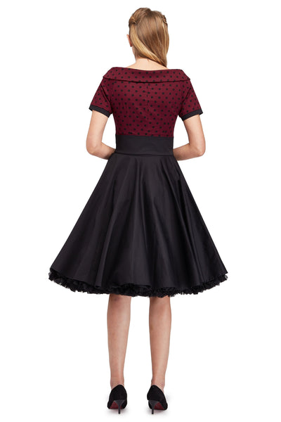 PRE ORDER Darlene Retro Swing Dress in Burgundy Polka Dot/Black
