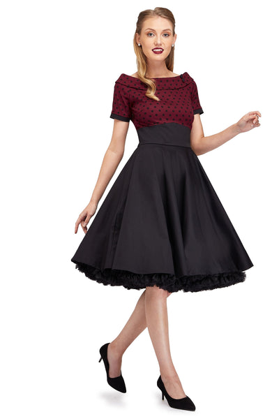 PRE ORDER Darlene Retro Swing Dress in Burgundy Polka Dot/Black