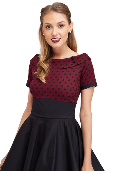 PRE ORDER Darlene Retro Swing Dress in Burgundy Polka Dot/Black