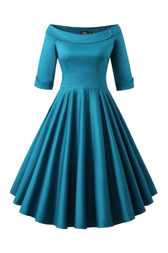 Deborah Peacock Blue Elbow Sleeve Circle Dress — front view