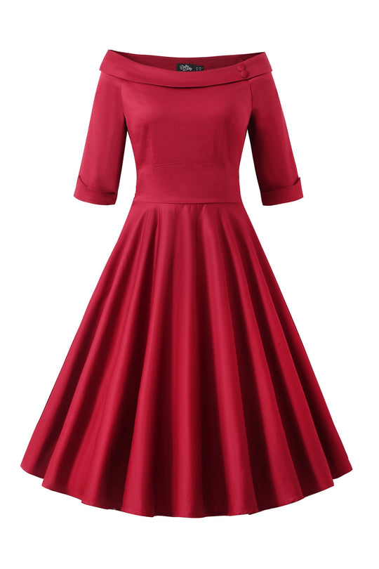 Deborah Wine Red Elbow Sleeve Circle Dress — front view